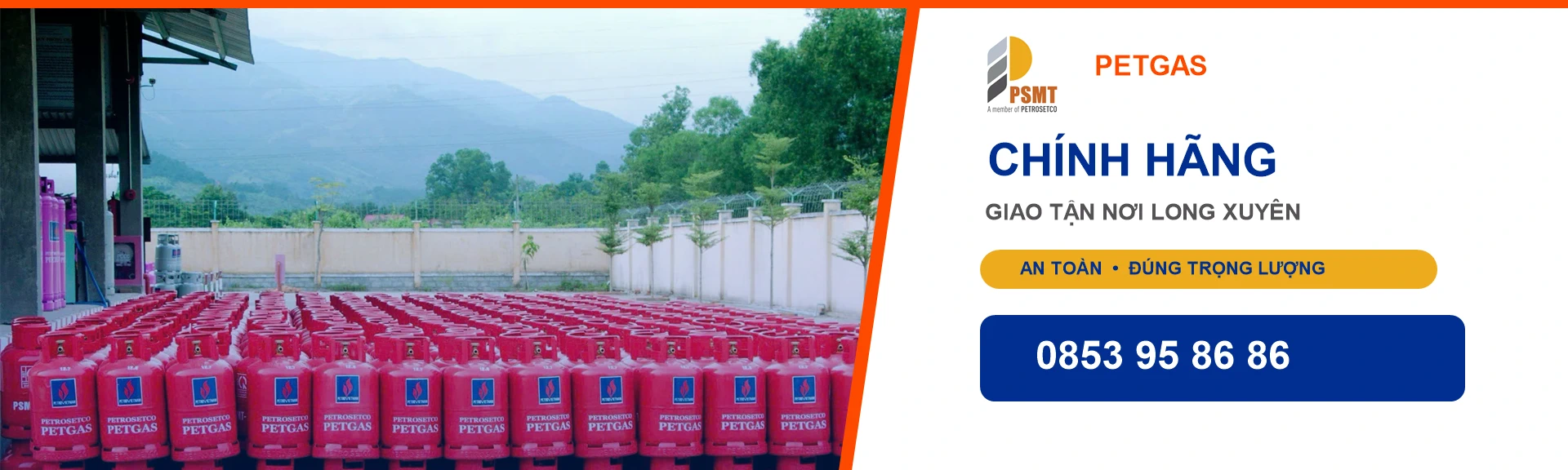Banner PETROSETCO - NAM PHÁT GAS với kho bình PETGAS và hotline 0853 95 86 86