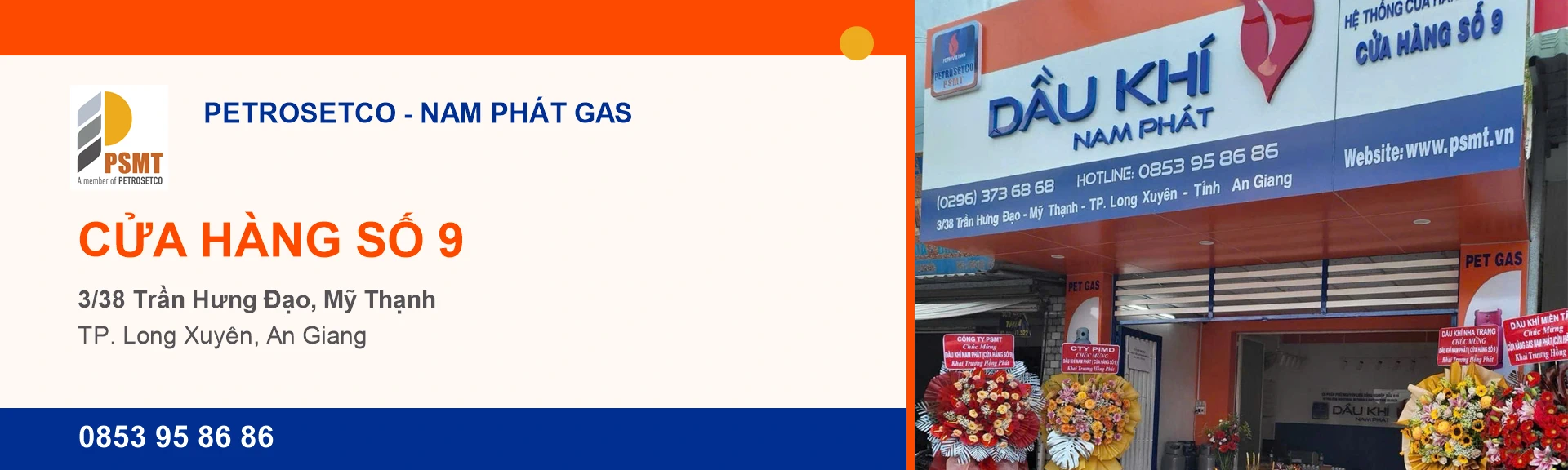 Banner cửa hàng PETROSETCO - NAM PHÁT GAS, PETGAS an toàn chất lượng và hotline 0853 95 86 86