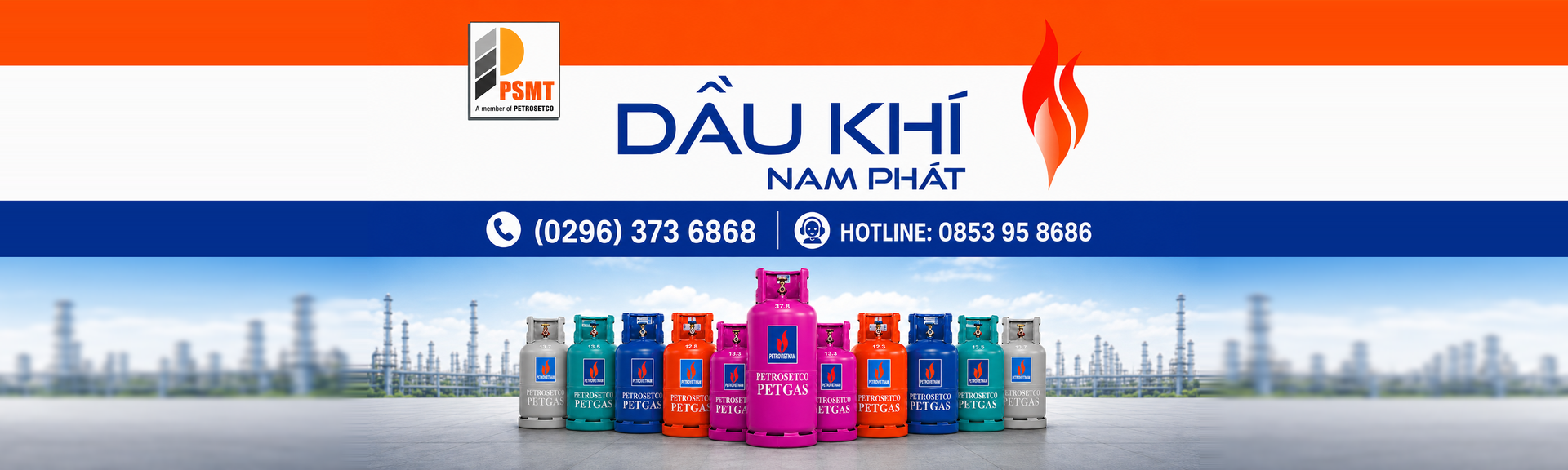 Banner Dầu khí Nam Phát giữ nguyên bố cục logo PSMT, ngọn lửa thương hiệu, hotline và các dòng bình PETGAS